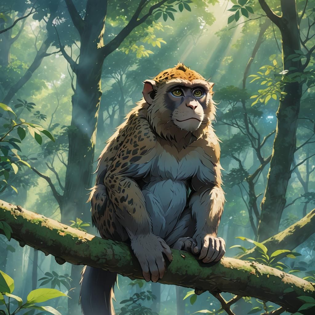 Anime Monkey Leopard Hybrid in Ghibli Style