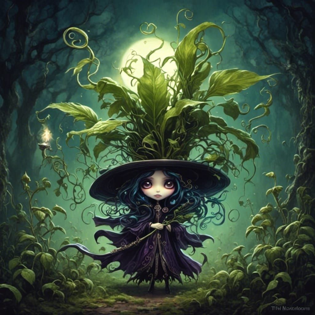Chibi Nightshade Witch Casting Spells in Surreal Style