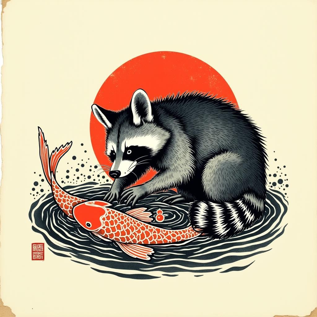 japanese woodcut inspired raccoon catching koi fish. tattoo....