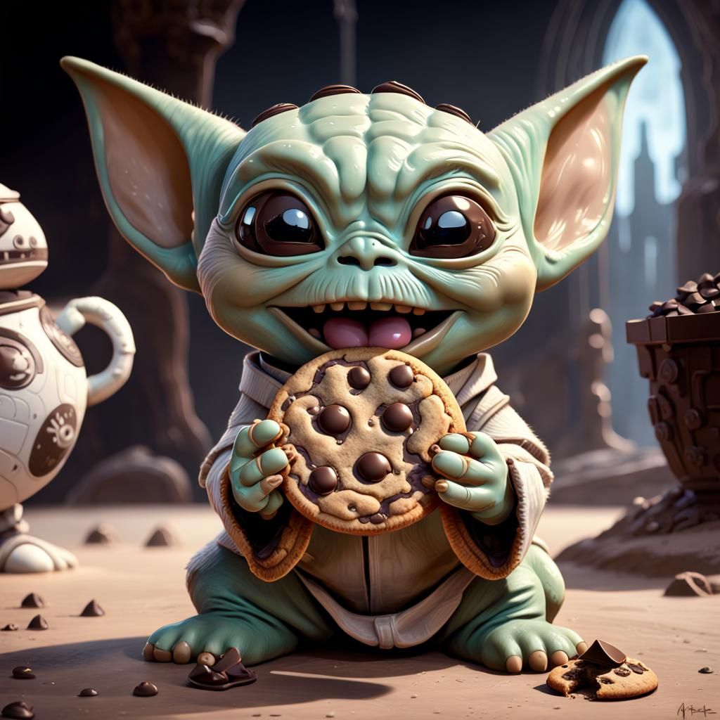 Grogu Holding Cookie: Detailed Matte Painting