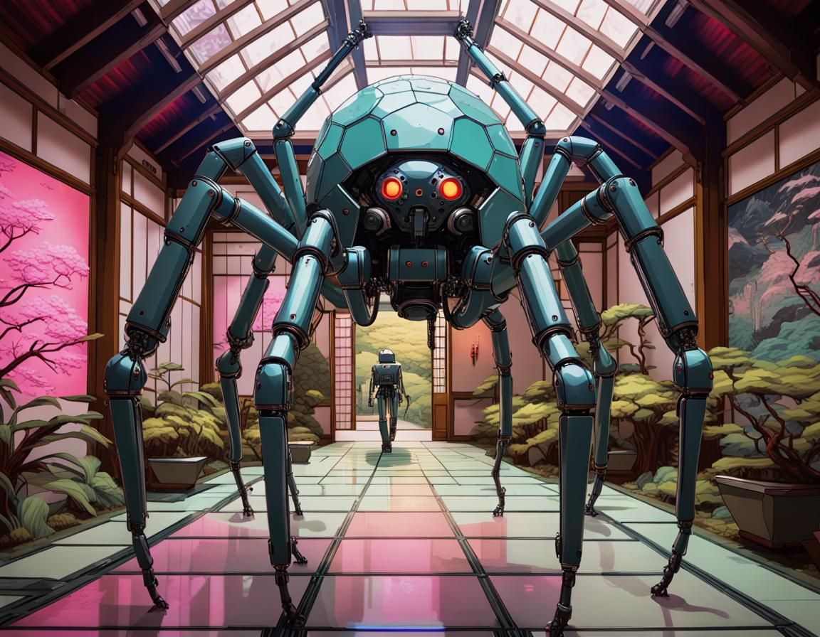 Dieselpunk Spider Robot in Neo-Classical Japanese Garden