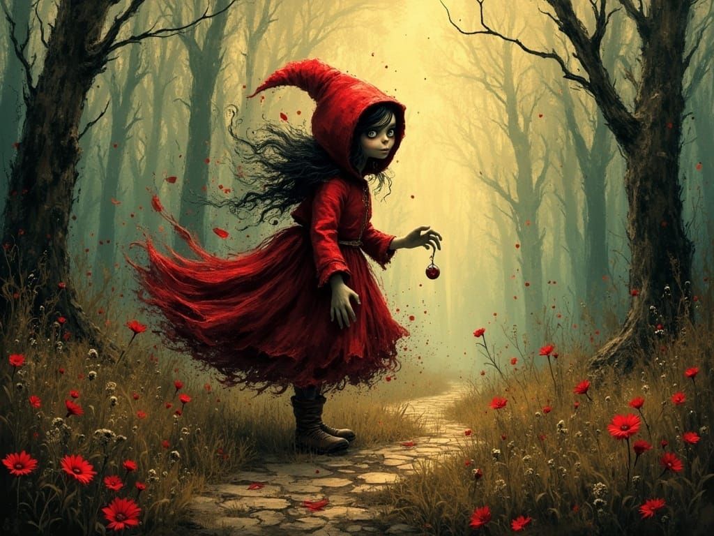 a beautiful zombiecore eldritch fantasycore Little Red Riding Hood <lora:SybilThorn-FluxLORA6:0.5> gouache bokeh Splash ...