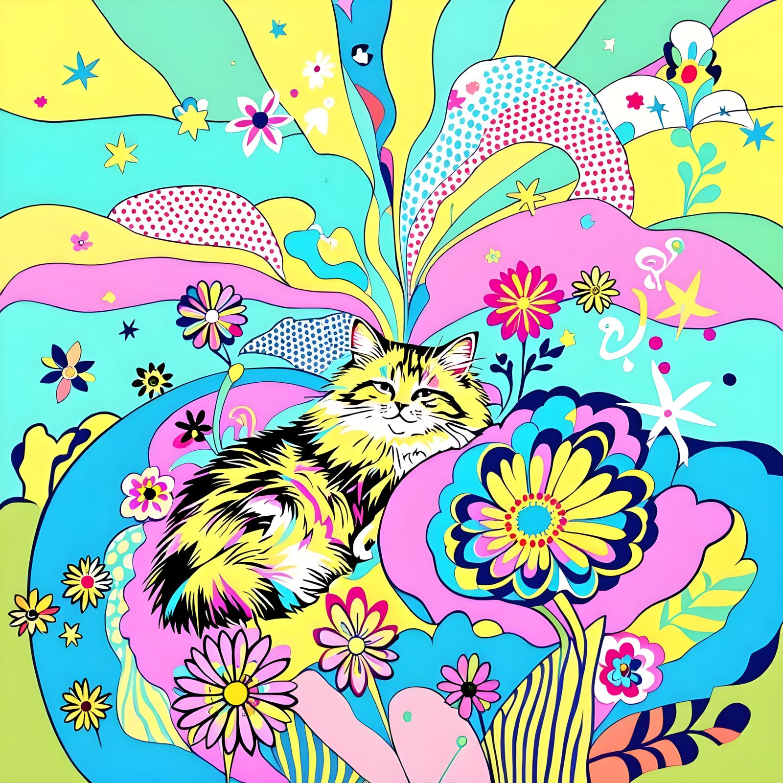 Psychedelic Pop Art Cat Amidst Vibrant Flowers