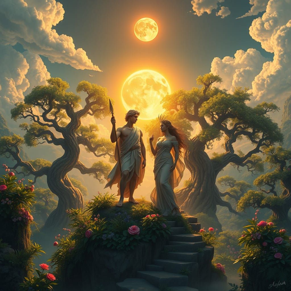 Apollo and Artemis in Dreamlike Golden Light