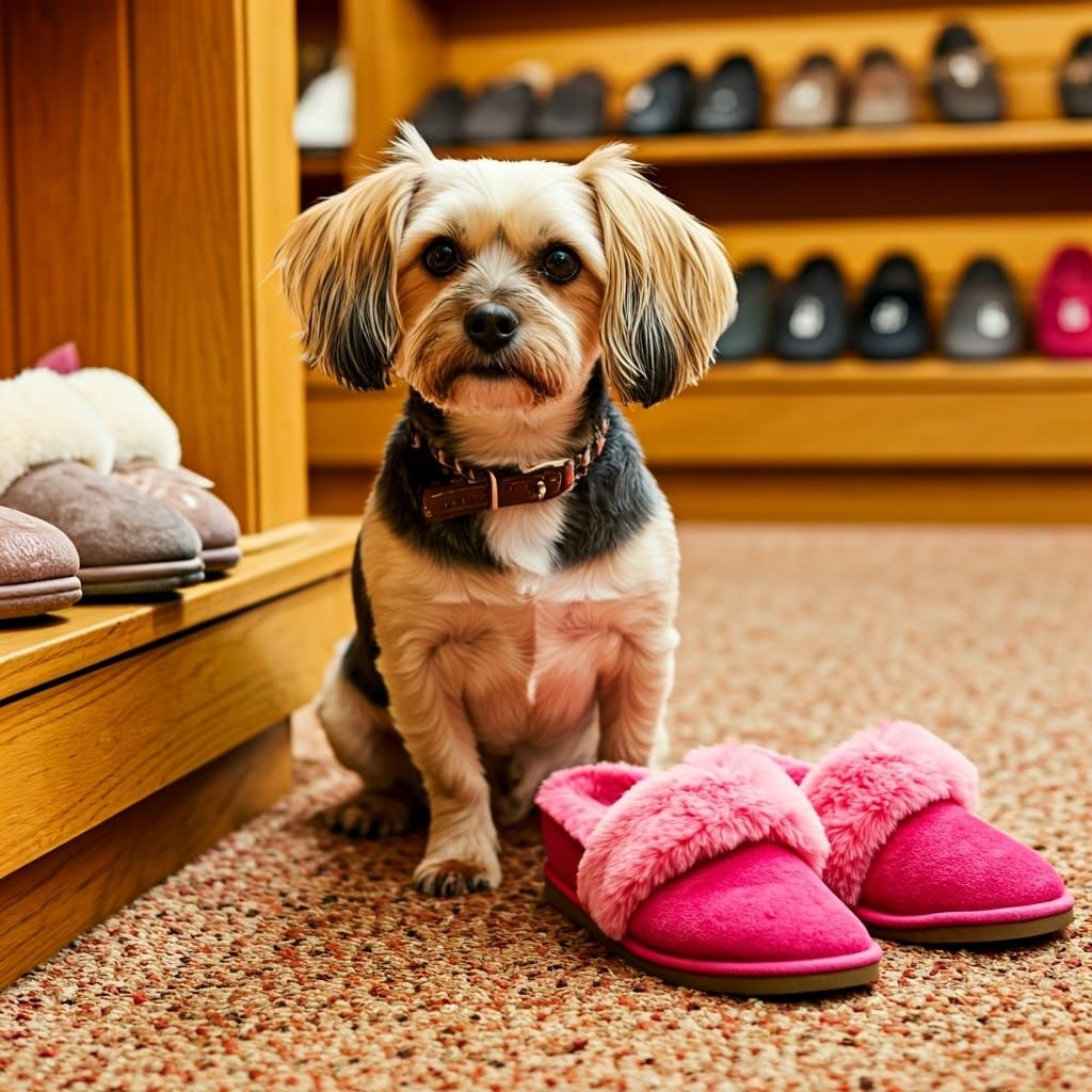 Dog Surrounded by Slippers in Cozy Shoe Store