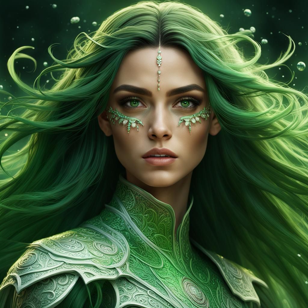 Goddess with Flowing Hair in a Magical World