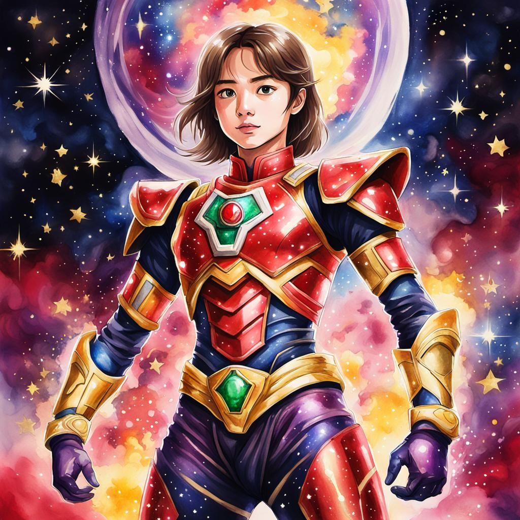 Crimson Power Ranger in Galactic Nebula, Watercolor Art