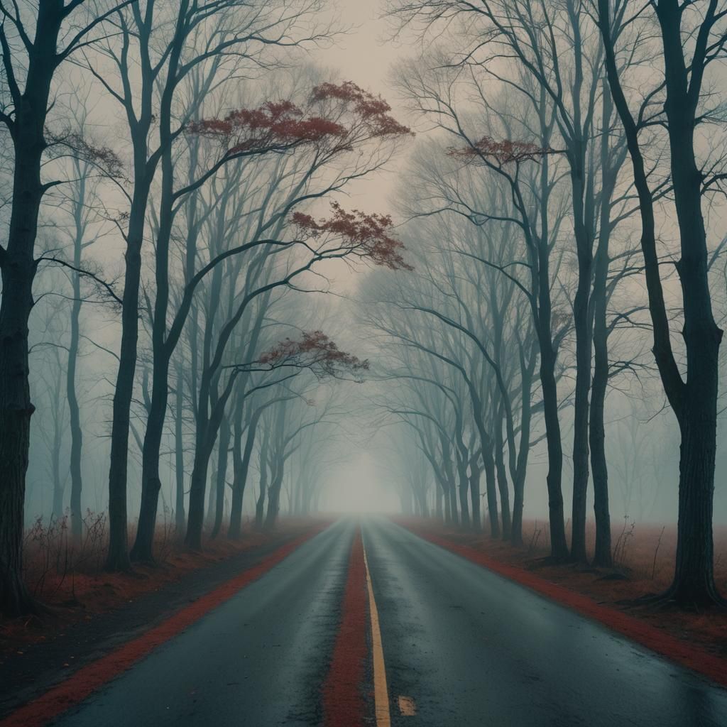 Red Road, Blue Trees, Rolling Fog: Cinematic Still