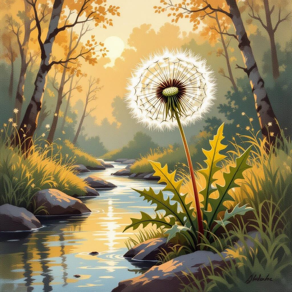 Dandelion Cycad Flourishing Near Stream, in Oil and Ink