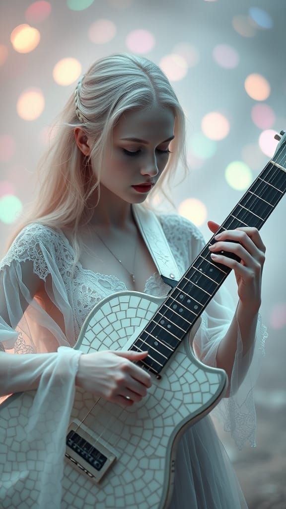 Ethereal Woman Plays Mosaic Guitar in Pastel Bokeh Lights