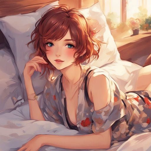 Cute French Woman in Bed with Red Lips