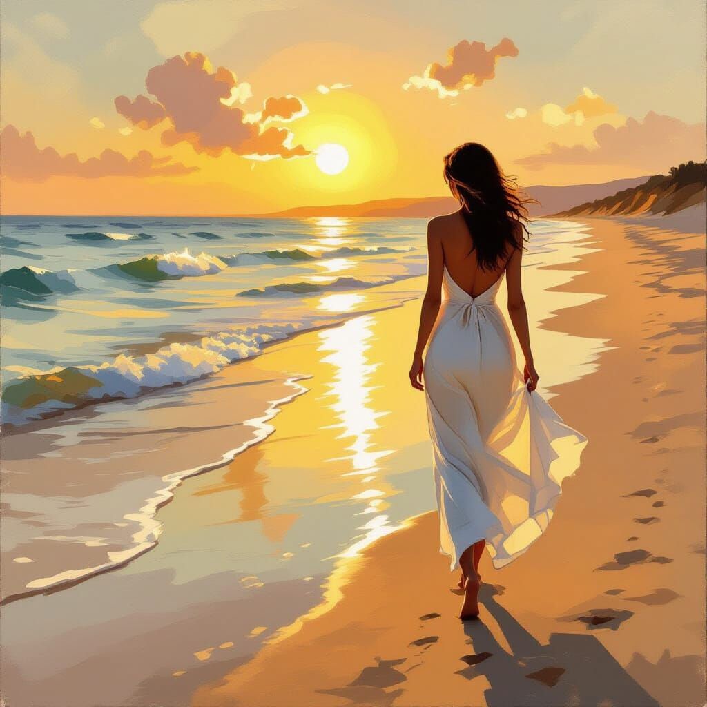 Woman on Beach at Golden Hour: Impressionistic Oil Painting