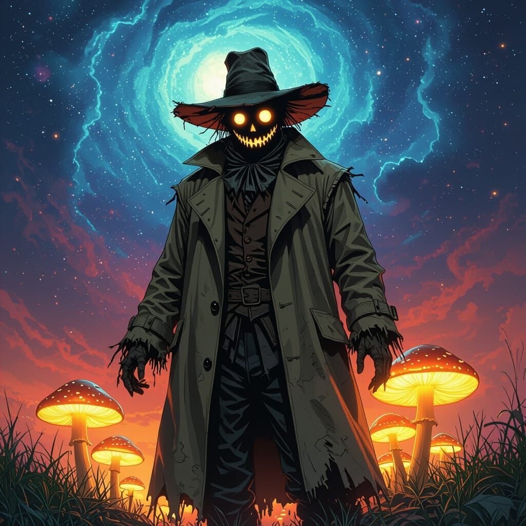 Grizzled Scarecrow Guards Glowing Mushrooms in Cosmic Field