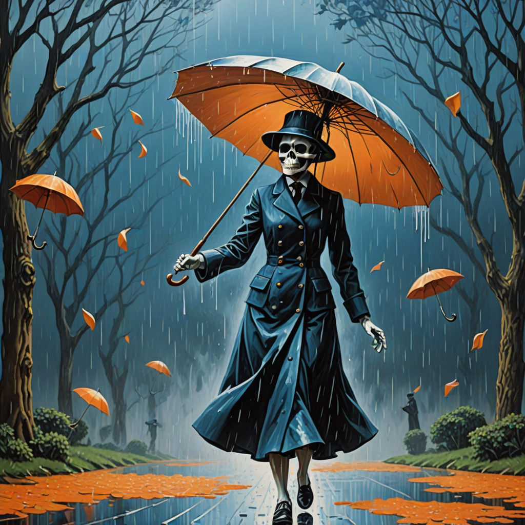Surreal Dance of a Skeleton Lady in the Rain, Inspired by Ma...