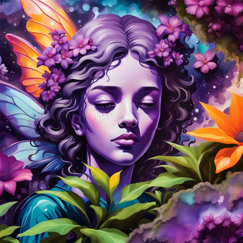 Futuristic Graffiti Mural of Fairy in Cityscape