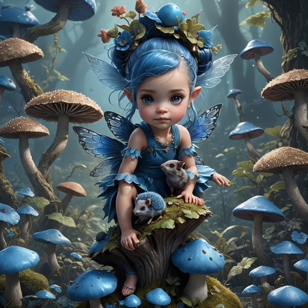 Blue Fairy with Hedgehog on Mushroom, Detailed Painting