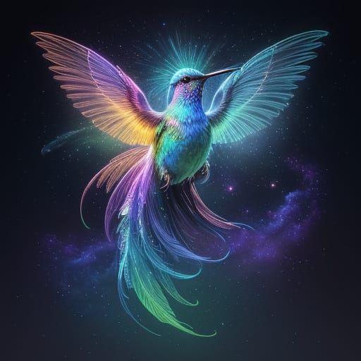 Surreal Holographic Astral Art of a Hummingbird in a Nebula