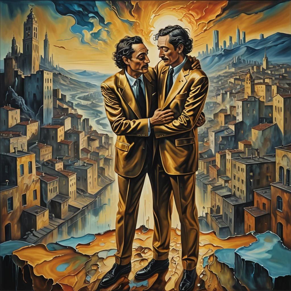 Surreal Brothers Embrace in Melting Cityscape