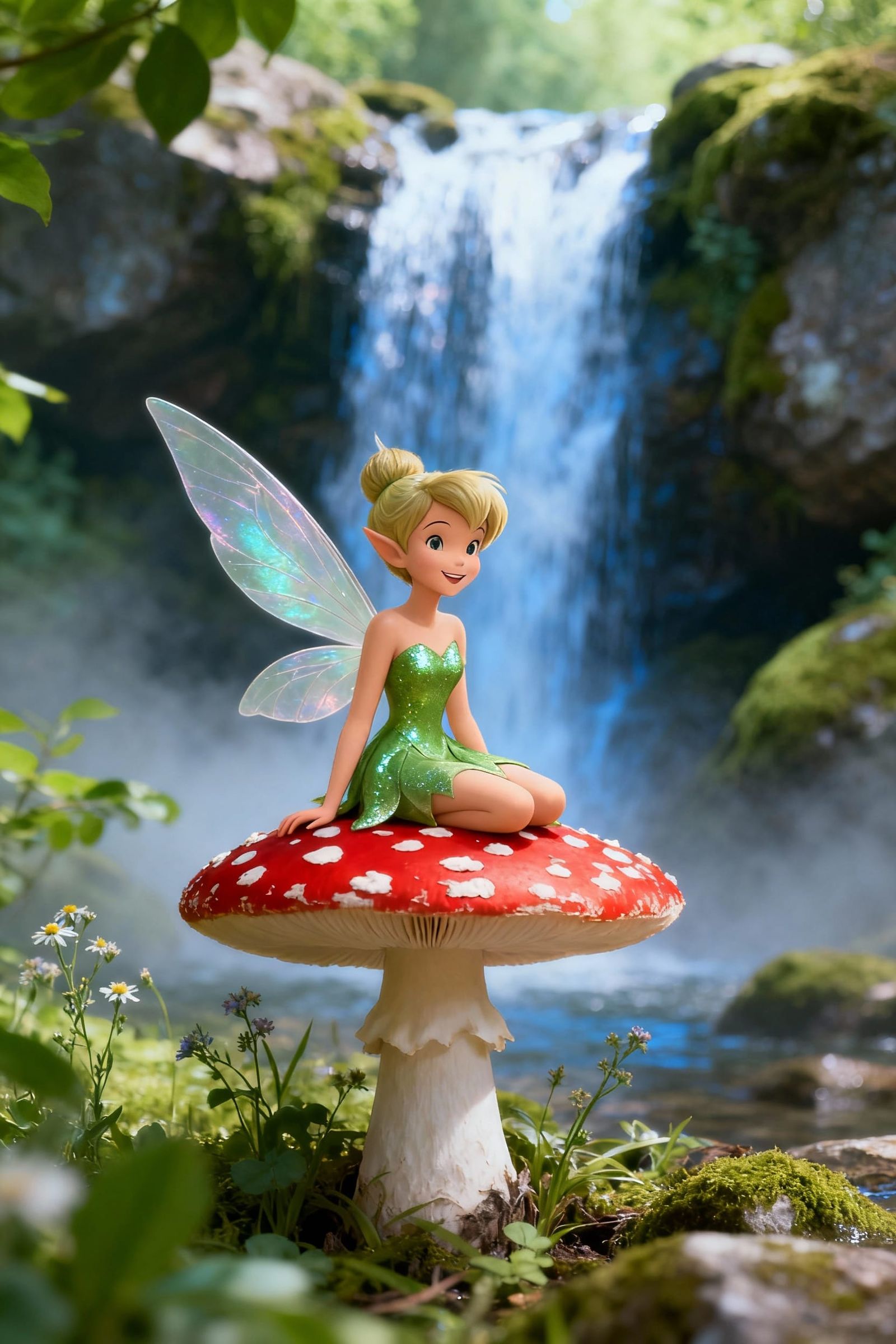 Tinkerbell Sits on Mushroom by Waterfall