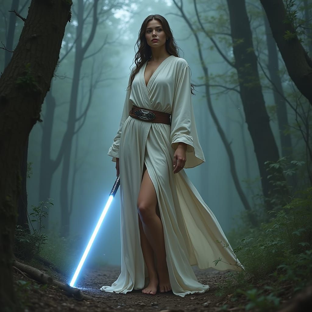 Woman with Lightsaber in Mystical Forest, Digital Art