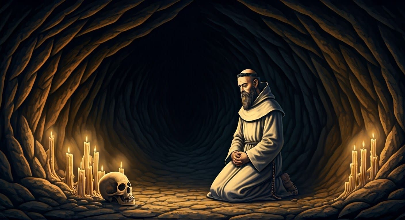 Monk Meditating in Cave, 1970s Fantasy Art