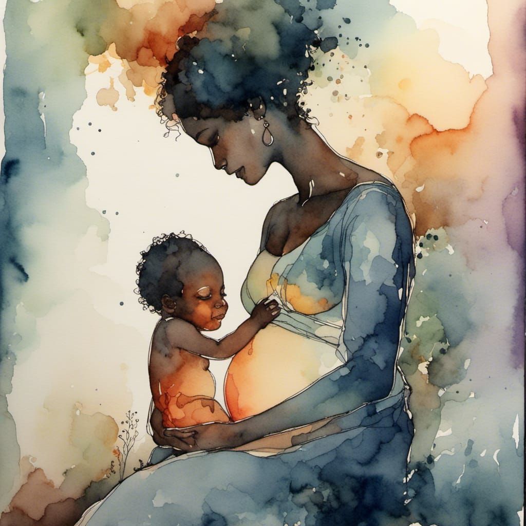 Watercolor of Pregnant Mother with Toddler in Glowing Ink