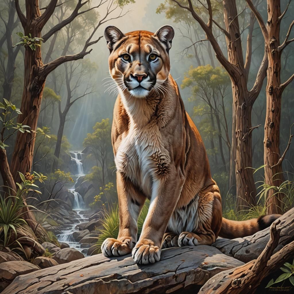 Majestic Mountain Lion in Detailed Oil Painting