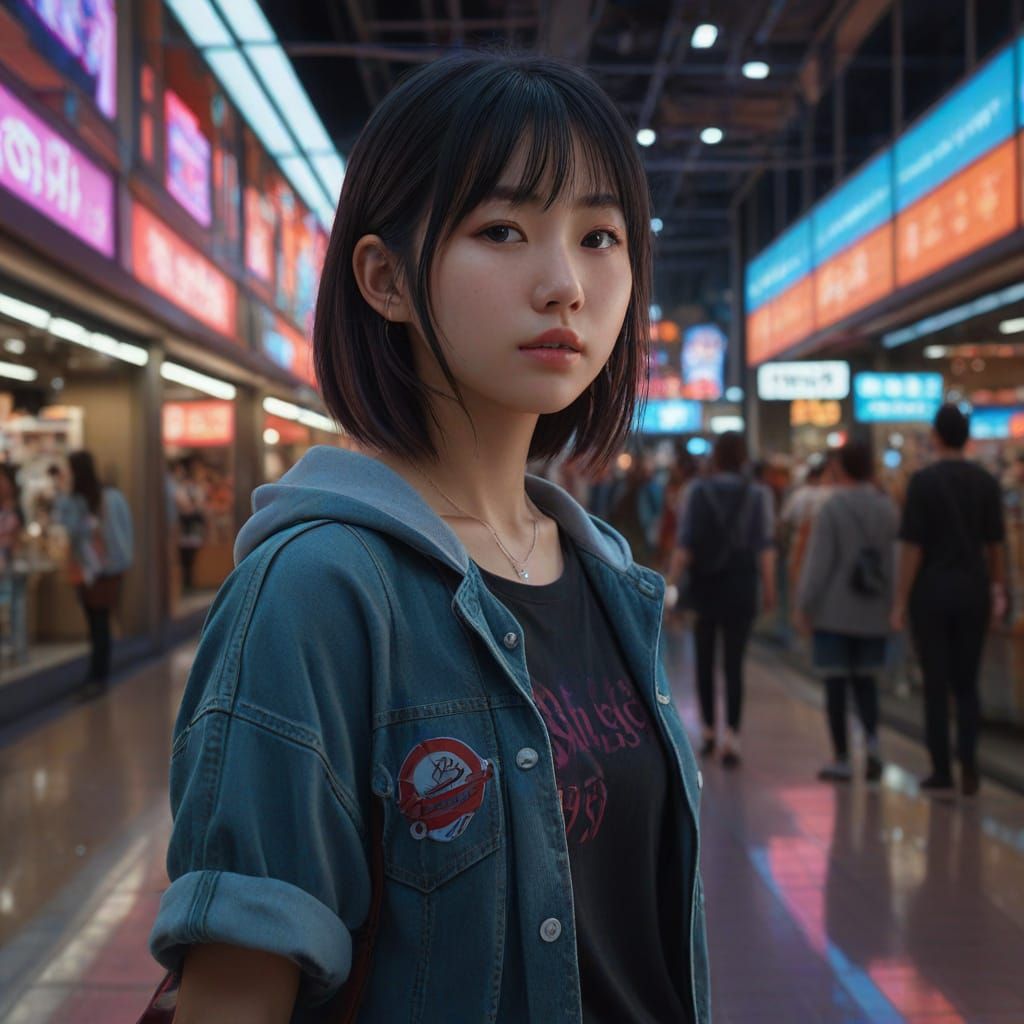 Japanese Girl Poses in Shopping Mall: Digital Art
