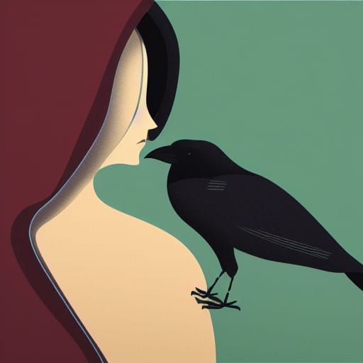 Hooded Woman with Crow: Digital Art