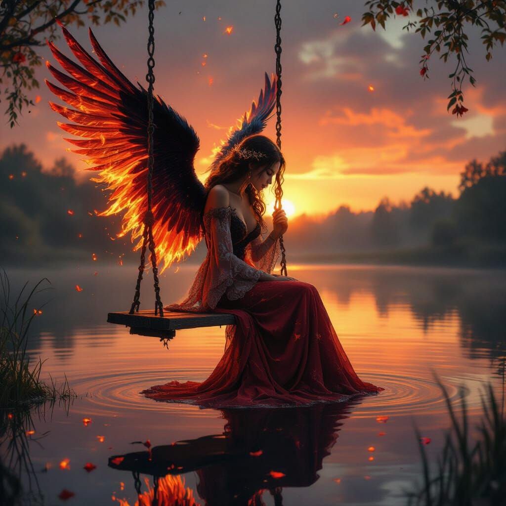 Celestial Woman with Fire Wings over Lake, Digital Art