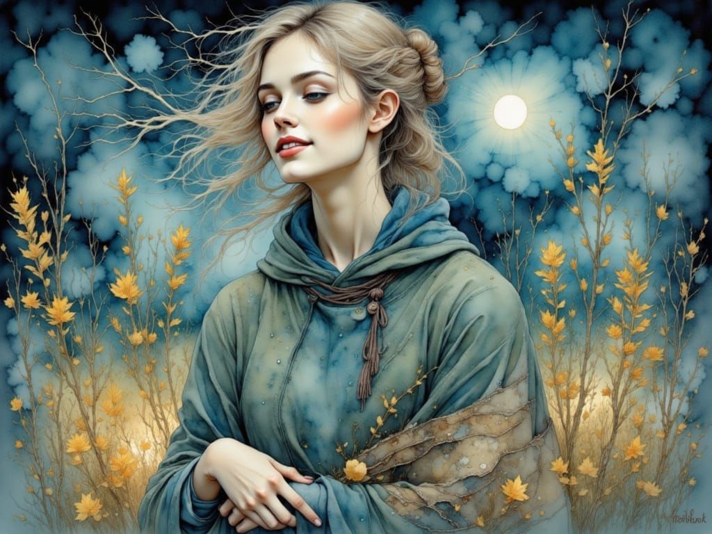 Ethereal Figure in Windy Watercolor Landscape