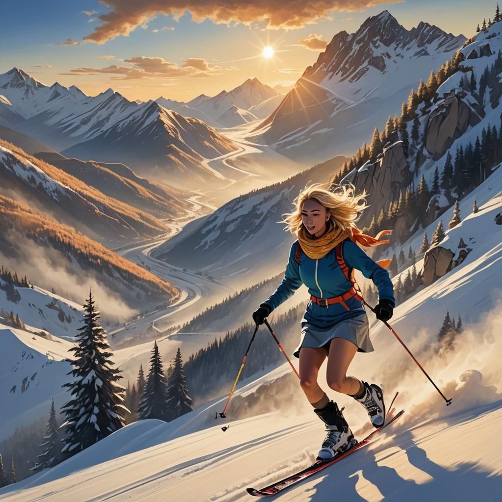 Dynamic Skiing Illustration in Acrylic Painting Style