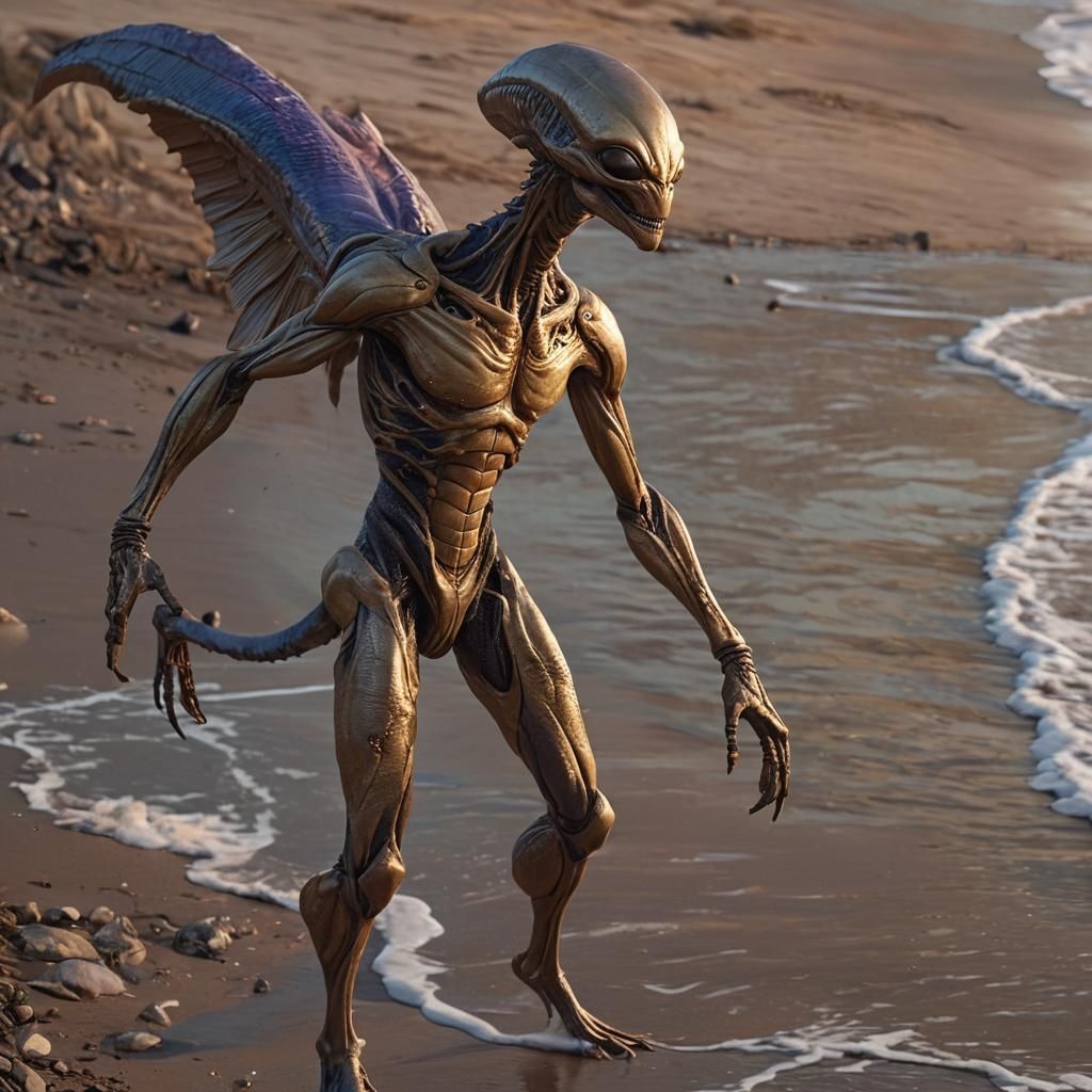 Magnificent Alien Sculpture Walking on Earth at Sunset