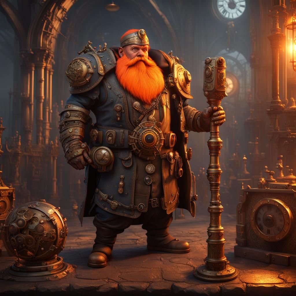 Steampunk Dwarf Warrior with Clockwork Hammer