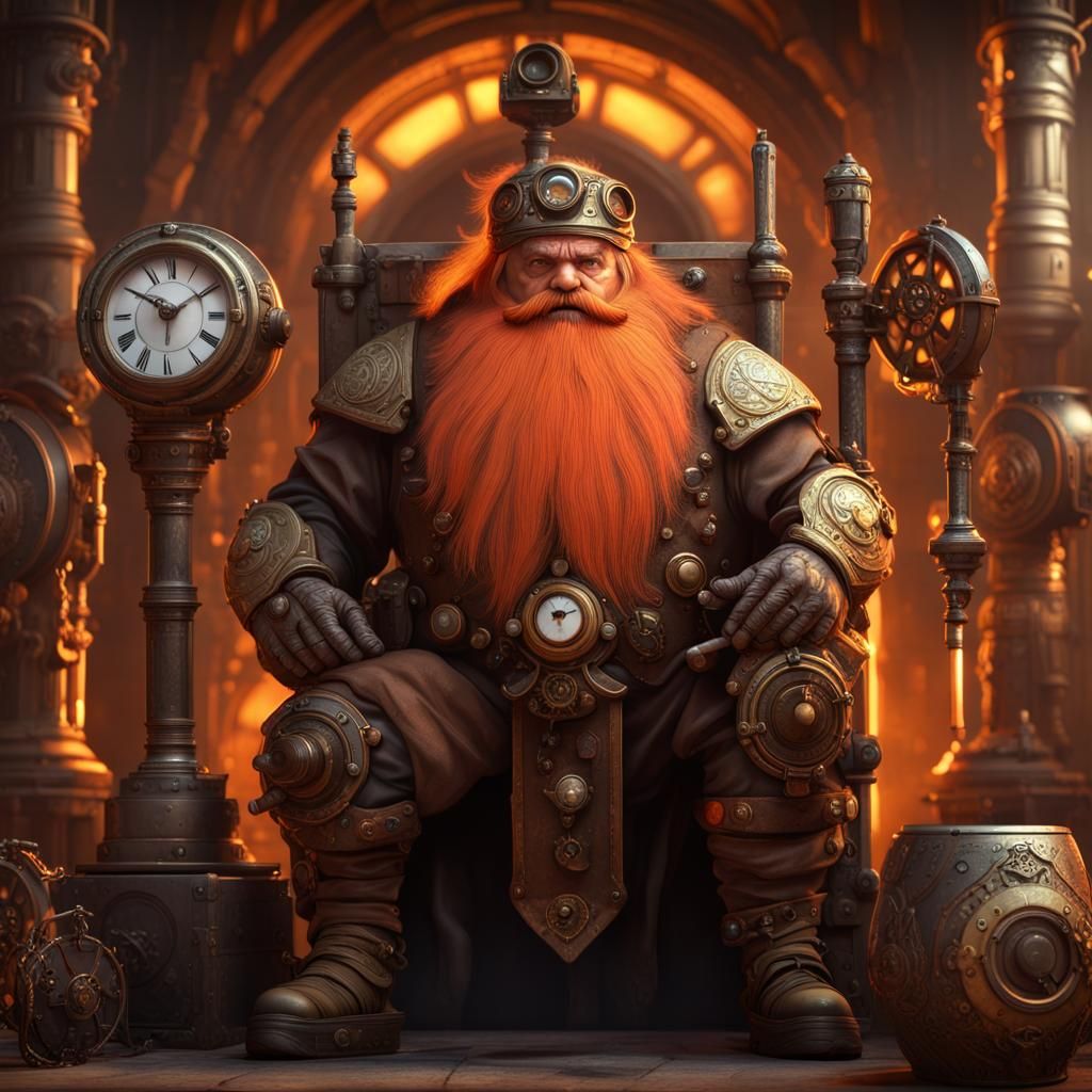 Steampunk Dwarf Warrior in Temple with Orange Glow