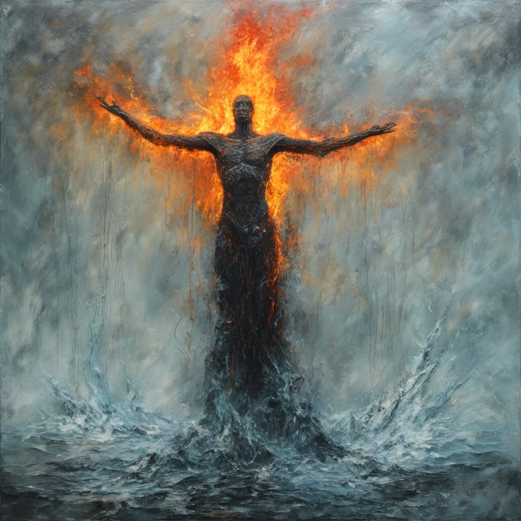 Icy Fire Character in Dark Oil Splash Style