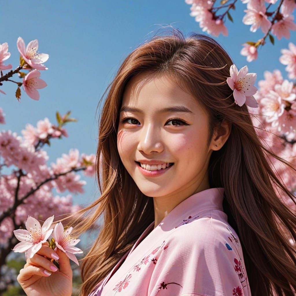 Ethereal Sakura Goddess with Long Hair and Flower Crown