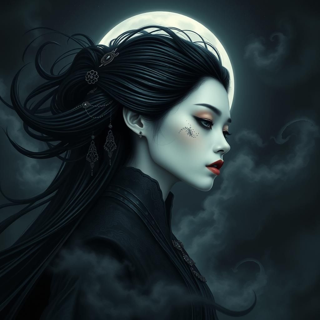 Ethereal Asian Vampire Head in the Night Sky