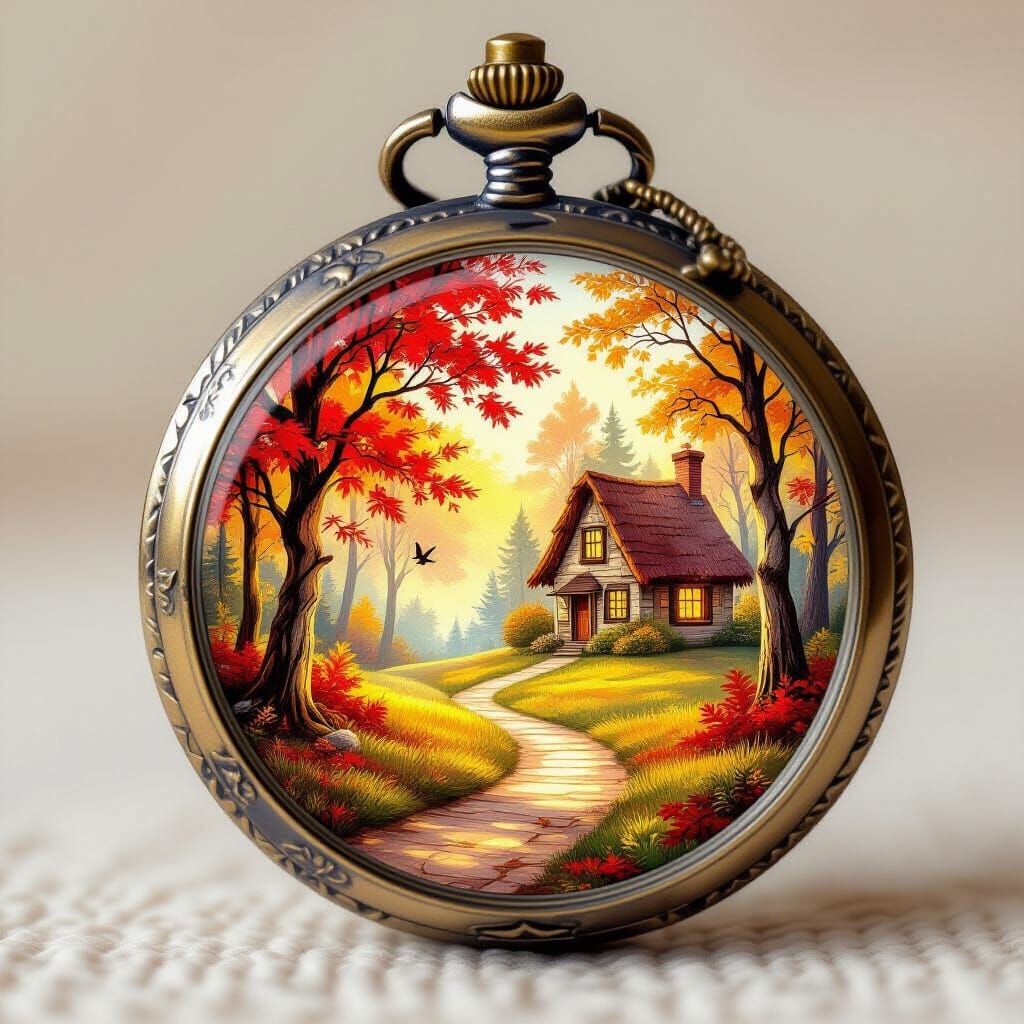 Autumn Pocket Watch Scene with Glowing Cottage in Watercolor...