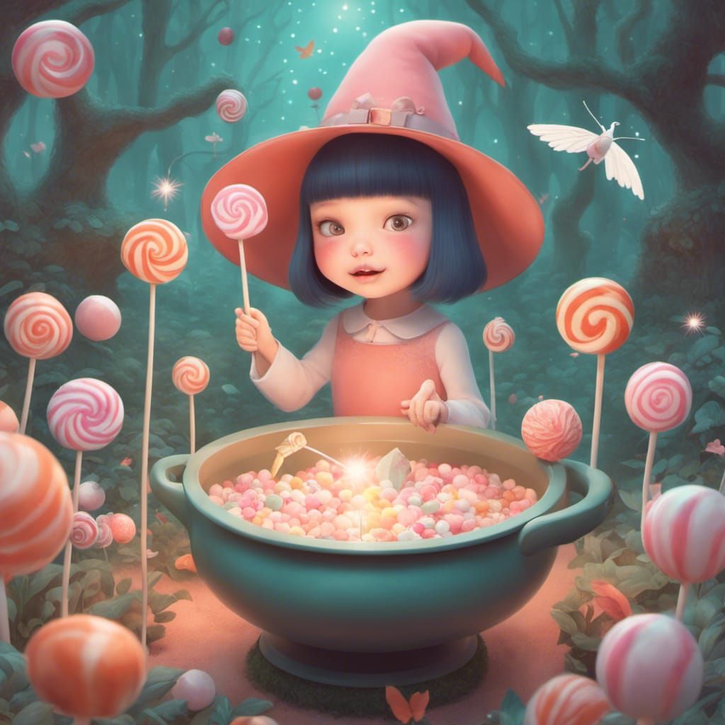Whimsical Witch in Candy Garden, Digital Art