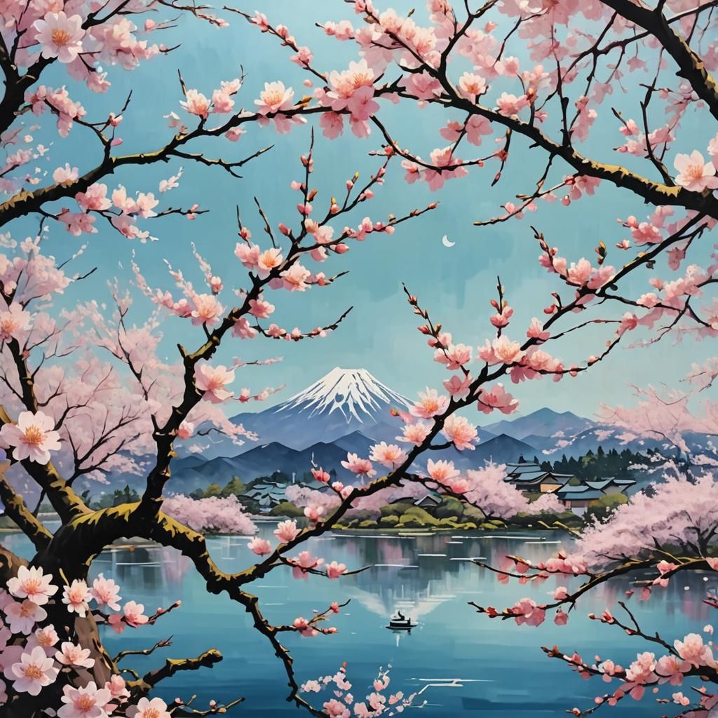 Cherry Blossom's Magic Above Japanese Lake