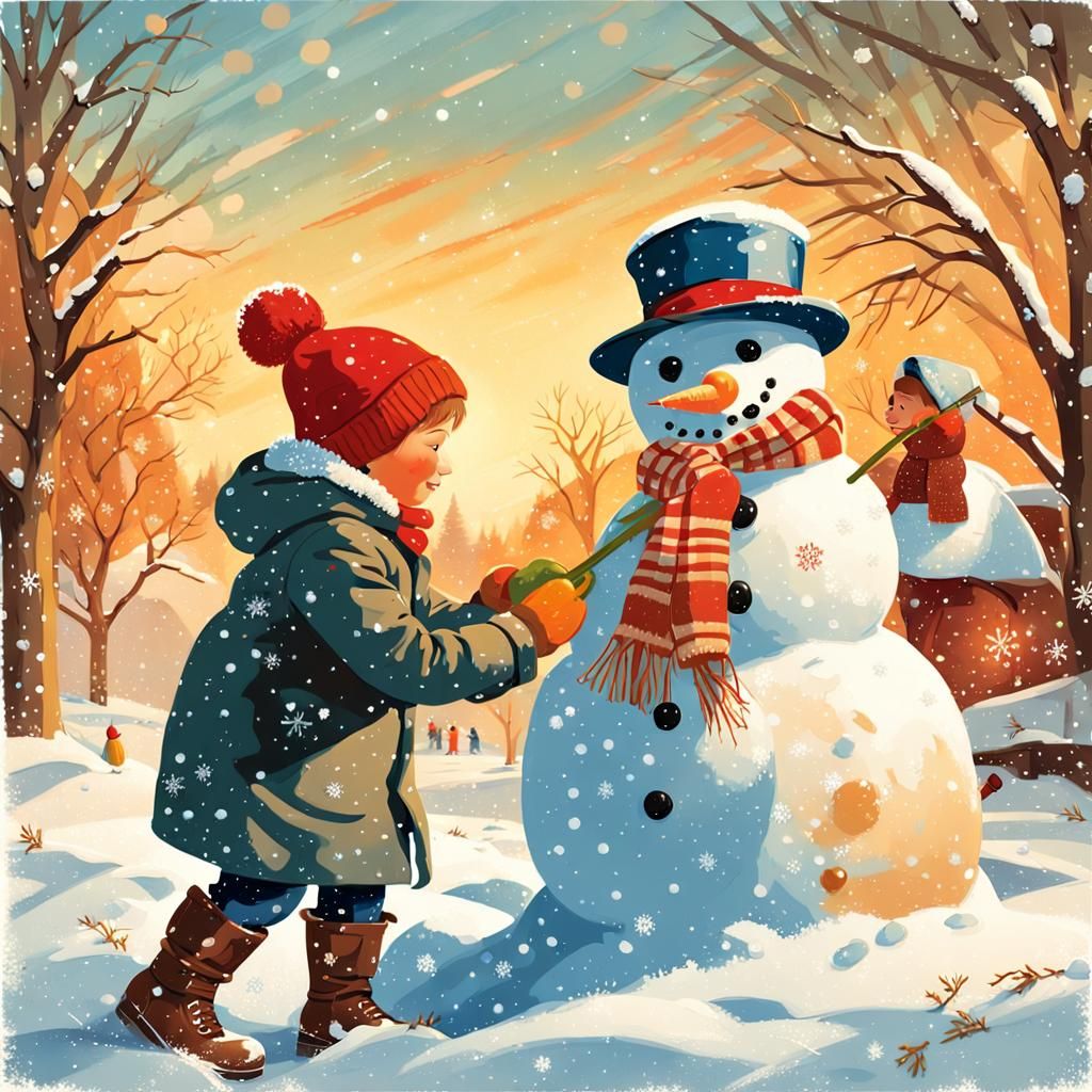 Classic Winter Wonderland Scene in Vibrant American Nostalgi...