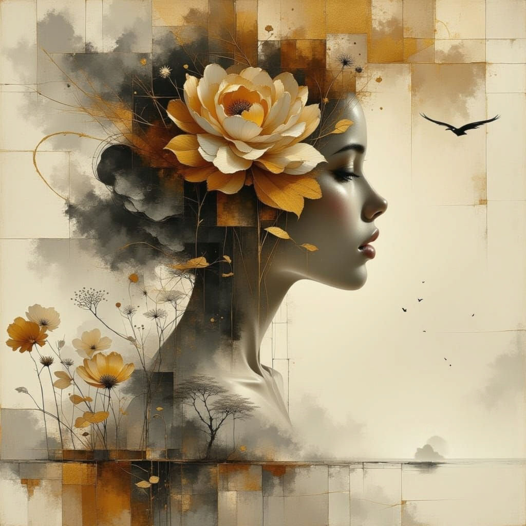 Woman and Calligraphy Landscape Double Exposure in Abstract ...