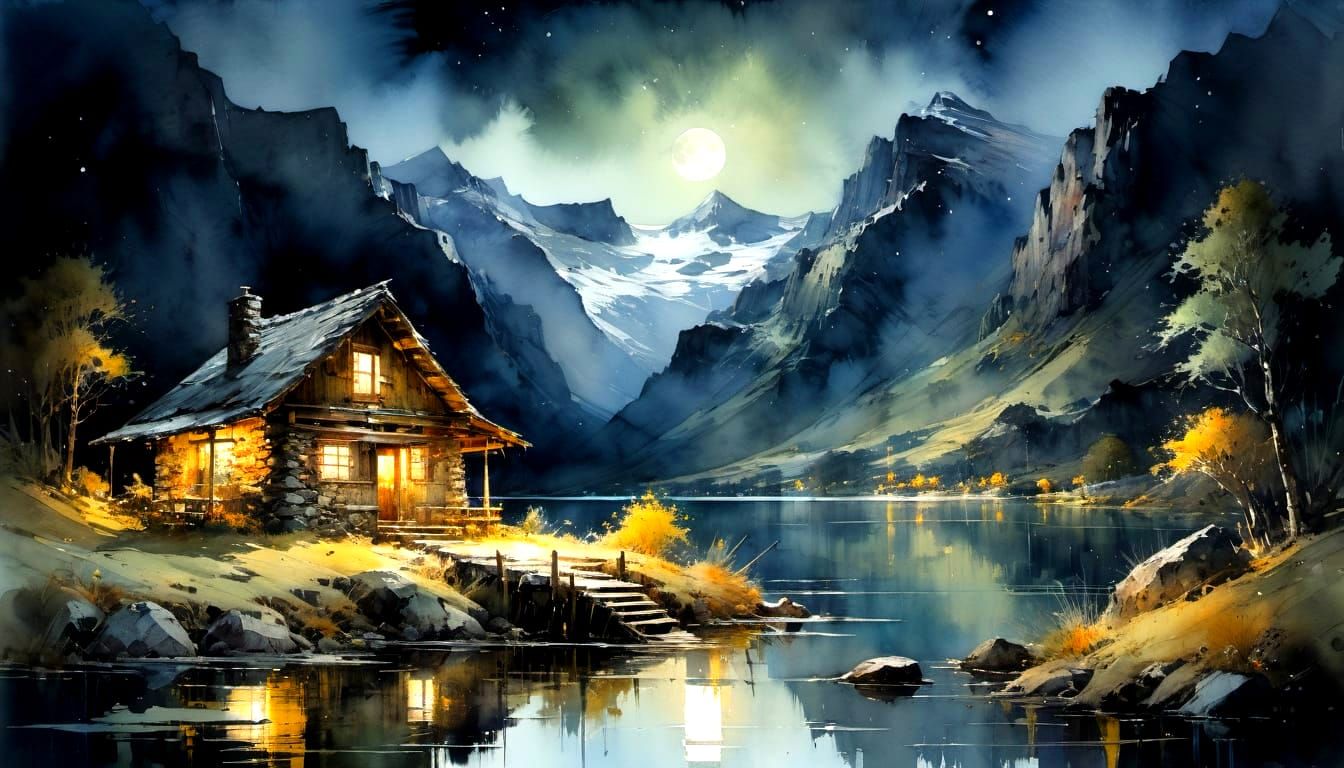 Earthy Watercolor Mountain Cabin Under Moonlight
