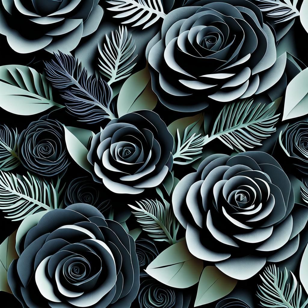 Kirigami Black Roses and Spruce Cones in Trapunto Art