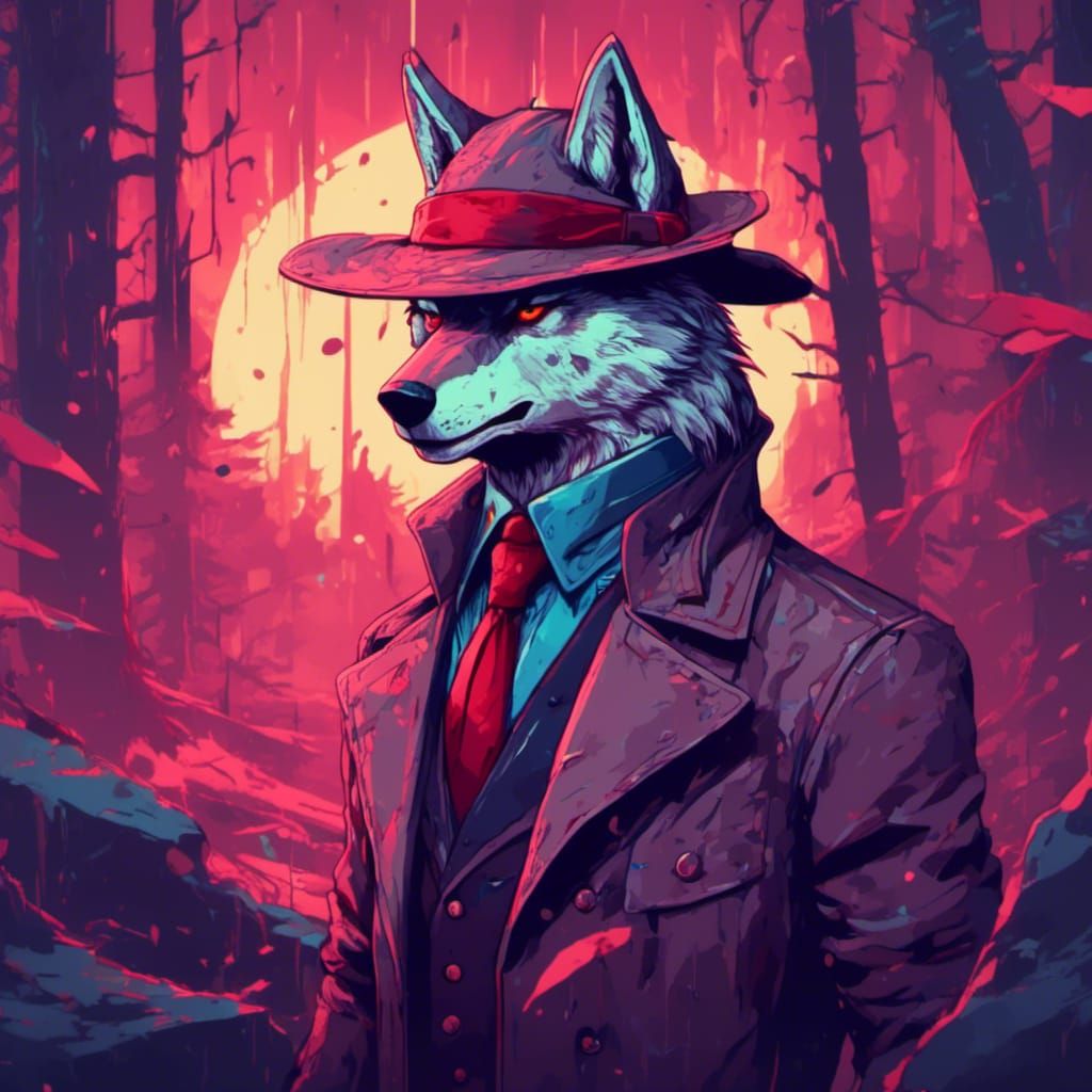 Ominous Pixel Art Wolf Detective in Dark Fantasy