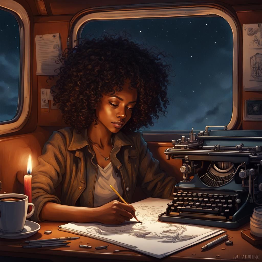 Black Woman Artist on Train at Night: Detailed Matte Paintin...
