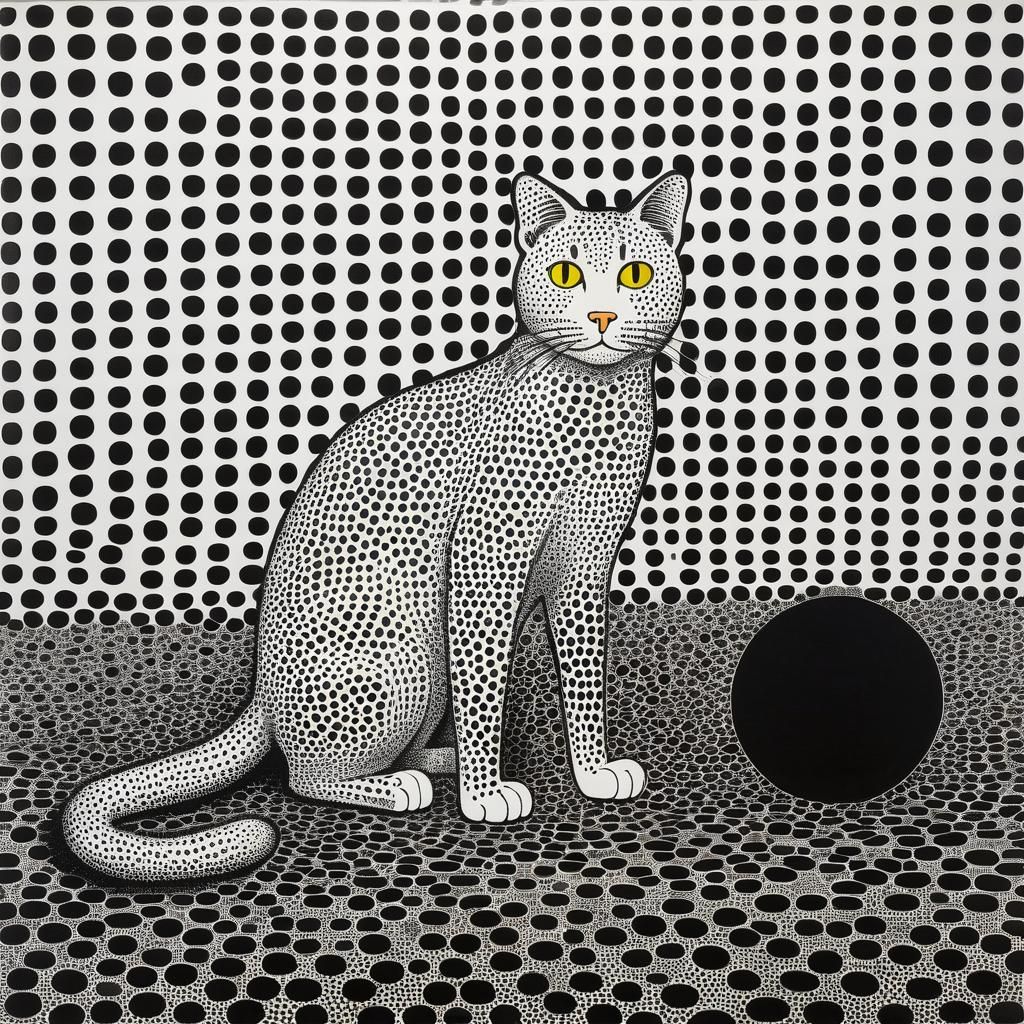 Surreal Black Cat in Polka Dots, Inspired by Kusama's Style