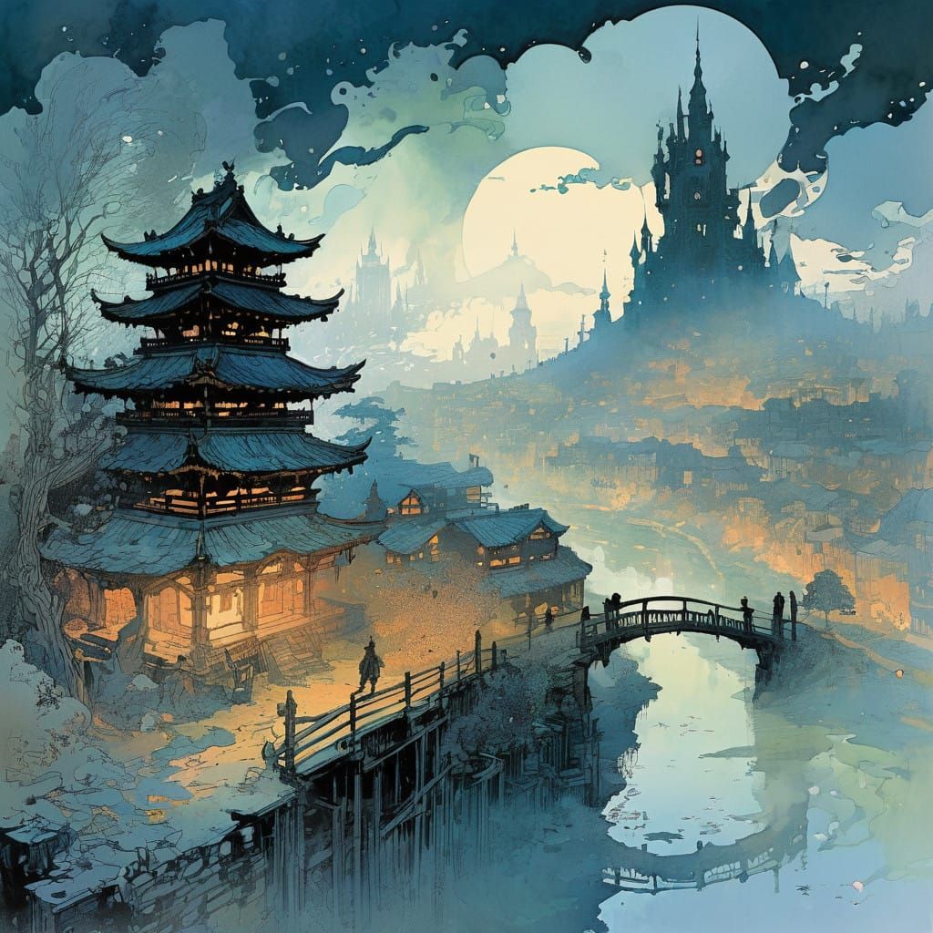 Mysterious Cityscape Emerge from Fog in Vibrant Gradient Col...