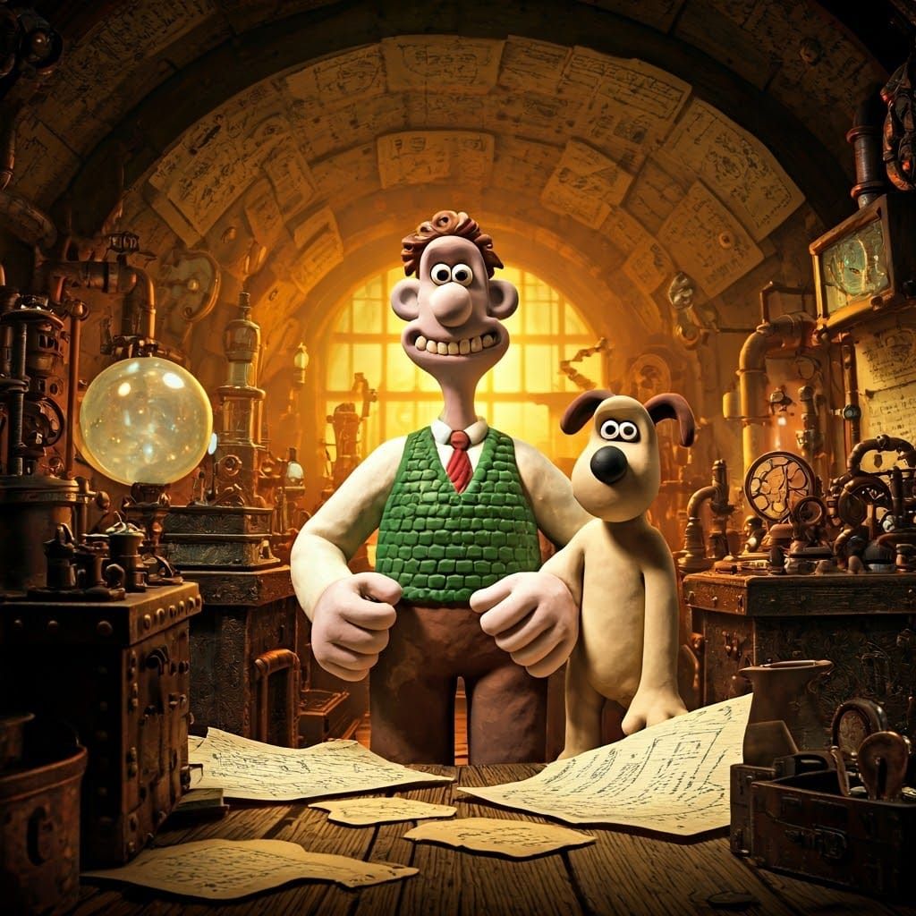 Wallace and Gromit in a laboratory